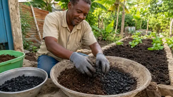 Imaj pou gid: Biochar — Chabon ki Anrichi Tè Pandan Plizyè Ane